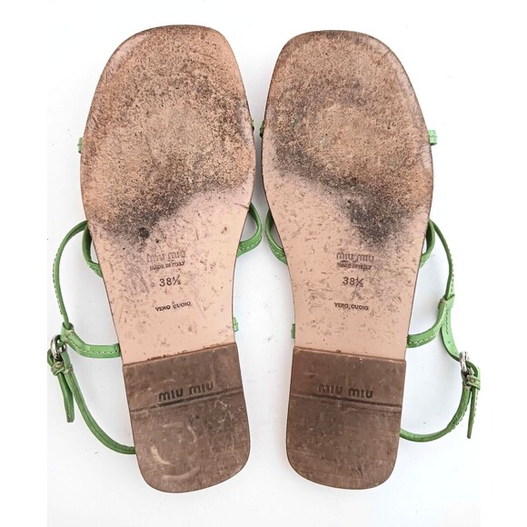 Mui Mui PRADA Green Patent Strappy Flat Sandal Cork Insole 38.5 Made in Italy - Picture 9 of 9
